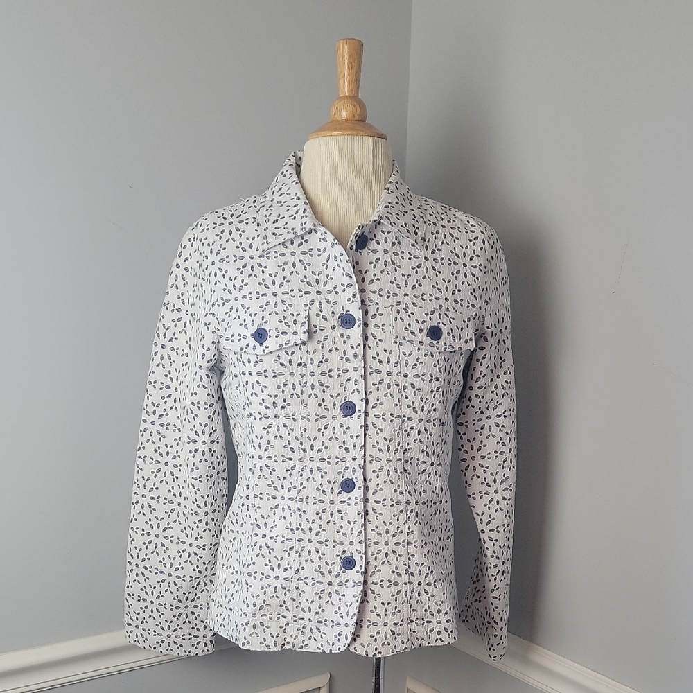 BAXTER & WELLS White Blue Floral Eyelet Cut Out Button Down Boho Shirt‎ Jacket S